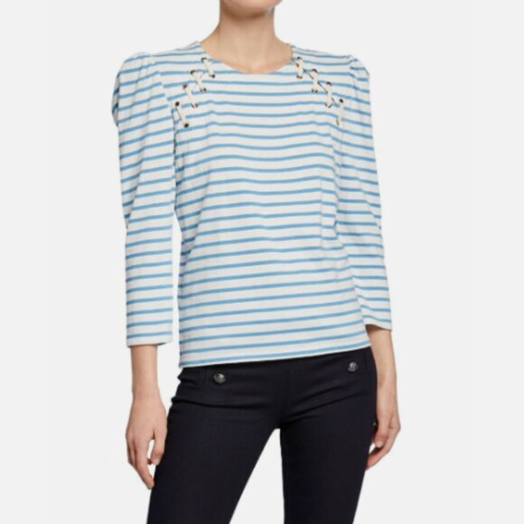 VERONICA BEARD Eli Baseball Tee Puff Long Sleeve Top Blue White Striped - Picture 7 of 8